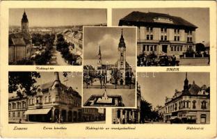 1941 Losonc, Lucenec; Kubinyi tér, Országzászló, YMCA (Fiatalok Keresztény Egyesülete), Corso kávéház, Rákóczi út. Filó Marcel kiadása / square, Hungarian flag, YMCA (Young Men's Christian Association) building, café, street (kis szakadás / small tear)