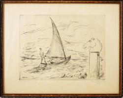 Borsos Miklós (1906-1990): Repülj hajóm, rézkarc, papír, jelzett, üvegezett fakeretben, 30×39 cm