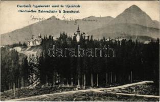 1908 Tátra, Magas-Tátra, Vysoké Tatry; Csorbatói fogaskerekű vasút és új szálloda. Quirsfeld János kiadása / Csorba-See Zahnradbahn &amp; Grandhotel / cogwheel railway, new hotel (EK)