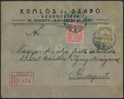 1906 Turul 10f AUT lyukasztással + 6f helyi ajánlott levélen gépi ajánlási ragjeggyel, a boríték középen függőlegesen hajtva. Luxus jó minőségű, különlegesen ritka kiállítási darab. (min. 2.500.000+++)/ Turul 10f with AUT perforation + 6f on registered local cover, vertical fold in the middle of the cover. "BUDAPEST 4" Luxury quality, extremely rare piece! Certificate: Visnyovszki