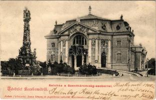 1904 Kecskemét, Színház, Szentháromság szobor. Fekete (Schwartz) Soma kiadása (EK)