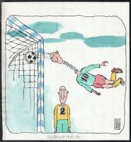 Rau Tibor (1934-2009): Szabálytalan fejes gól (futball karikatúra). Akvarell, tus, papír, jelzett. Ludas Matyi Hírlapban megjelent. 21x22 cm