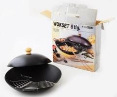 Nagyobb méretű vas wok, tartozékkal, fedővel, d: 36,5 cm