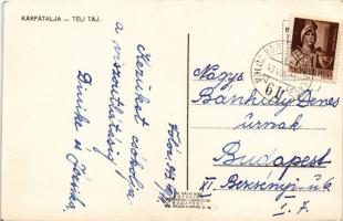 1943 Kárpátalja, Transcarpathia; téli táj / winter + "VOLÓC-MUNKÁCS 61" kétnyelvű vasúti m...