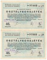 1941. "46. Magyar Királyi Osztálysorsjáték" ötödik osztály 1/8 sorsjegye, 2db szelvény egyben (A, B), bélyegzéssel, vízjeles papíron T:XF hajtatlan, gyűrődések