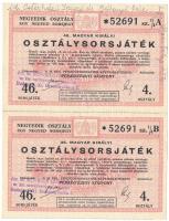 1941. "46. Magyar Királyi Osztálysorsjáték" negyedik osztály 1/4 sorsjegye, 2db szelvény egyben (A, B), bélyegzéssel, vízjeles papíron T:AU egyiken ceruzás írás