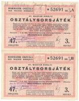 1941. "47. Magyar Királyi Osztálysorsjáték" harmadik osztály 1/4 sorsjegye, 2db szelvény egyben (A, B), bélyegzéssel, vízjeles papíron T:AU egyiken ceruzás írás