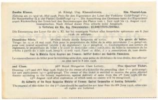 1936. "36. Magyar Királyi Osztálysorsjáték" második osztály 1/4 sorsjegye (A), bélyegzésse...