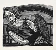 Perei Zoltán (1913-1992): Nő sólyommal, 1978. Fametszet, papír. Jelzett. Számozott (III/VII). 23x28,5 cm.