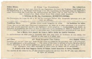 1937. "38. Magyar Királyi Osztálysorsjáték" harmadik osztály 1/8 sorsjegye (B), bélyegzéss...