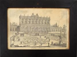 cca 1760-1770 Villa Albani (Róma). Rézmetszet, papír, jelzett a metszeten, M. Pulini rajza és metszése. Üvegezett fakeretben, kissé foltos, 16x25 cm