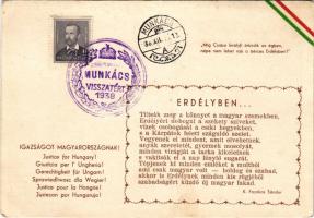 Igazságot Magyarországnak! Míg Csaba királyfi őrködik az égben, népe nem lehet rab a bérces Erdélyben! / Justice for Hungary! Hungarian irredenta propaganda with Hungarian flag decoration + "1938 Munkács visszatért" So. Stpl. (EK)