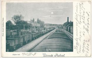 1905 Piski, Simeria; átjáró híd, vasútállomás. Főző József kiadása / railway station, pedestrian crossing bridge (r)