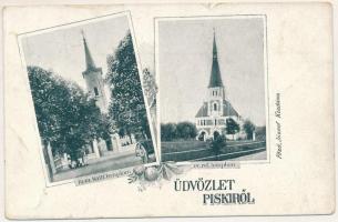 Piski, Simeria; Római katolikus templom, Református templom. Főző József kiadása / Catholic church, Calvinist church. Art Nouveau, floral (szakadás / tear)