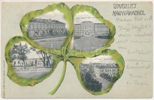 1905 Nagyvárad, Oradea; Ferenc József laktanya, M. kir. honvéd hadapród iskola, M. kir. honvéd huszár laktanya, Fő utca. Színházi tőzsde kiadása, szecessziós lóherés montázs / K.u.K. military barracks, main street. Art Nouveau litho montage with clover (EK)