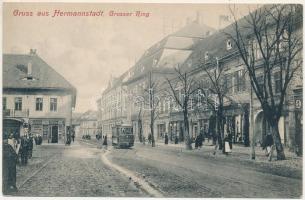 Nagyszeben, Hermannstadt, Sibiu; Grosser Ring / Nagy piac, villamos, Ludwig Fuchs, Karl Graef üzlete és saját kiadása / market square, tram, publisher's shop (EK)