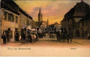 Nagyszeben, Hermannstadt, Sibiu; Saggasse / utca, Hans Müller üzlete. Georg Meyer kiadása / street view, shops