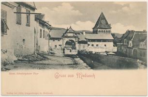 Medgyes, Mediasch, Medias; Ehem. Schmiedgässer Thor / egykori Kovács utcai kapu és torony. Fritz Guggenberger kiadása / street view, old tower and gate