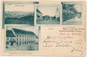 1899 (Vorläufer) Medgyes, Mediasch, Medias; Totalansicht, Zekesch, Forkeschgasse, Teilansicht vom großen Platz / látkép, Zekesch, Farkas utca, Nagy tér, Fritz Guggenberger üzlete és saját kiadása / general view, streets, square, publisher's shop (fa)