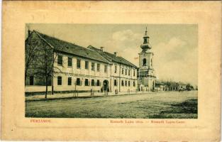 Perjámos, Periam; Kossuth Lajos utca, római katolikus templom, község által fenntartott római katolikus elemi fiú népiskola. W.L. Bp. 6719. / street view, Catholic church and school (fl)