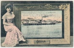 1906 Orsova, MFTR "MARGIT" gőzös, gőzhajó. Szecessziós montázs hölggyel / steamship. Art Nouveau montage with lady (Rb)