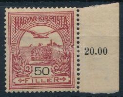 1906 Turul 50f ívszéli bélyeg 15-ös fogazással, "a" számvízjelállással / Mi 85a margin stamp with number in watermark (80.000+)