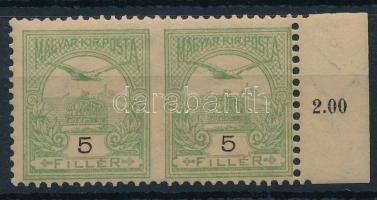 1900 Turul 5f középen fogazatlan ívszéli pár "a" számvízjelállással, rendkívül ritka!! / Mi 58A pair imperforate in the middle, number in the watermark, very rare!!