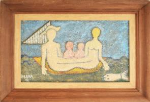 Ivana Stanisavljevic Negic (1977-): Family on the boat. Olaj, applikácóa, farost. Jelzett, hátoldalt a művész autográf dedikációjával. Keretben 30x50 cm