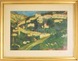 Seres János (1920-2004): Város a hegyoldalban. Olaj, farost, jelzett, üvegezett keretben 34x45 cm