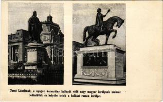 Nagyvárad, Oradea; Szent László szobrát ledöntötték és helyébe a balkáni rumán királyét (I. Ferdinánd) tették. Irredenta, Magyar Nemzeti Szövetség / Oradea, statue of Saint Ladislaus I replaced with Ferdinand I, Hungarian irredenta propaganda (EK)