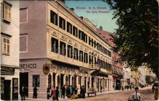 1913 Fiume, Rijeka; R. U. Ginasio, Via della Fiumara, E. Benco Drogheria, Cartoleria Radici & Tomic, Fratelli Neumann / utca, üzletek, drogéria, villamos. Radici és Tomic saját kiadása / street, drugstore, shops, tram (EB)