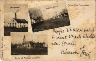 1909 Orczyfalva, Kokoda, Orczydorf, Ortisoara; Dampfmühle, Strassen-Ansicht, Kirche mit Pfarrhaus und Schule / Gőzmalom, utca részlet, templom plébániával és iskolával / steam mill, street view, church with parish and school. Photograf G. Richter Wien (fl)