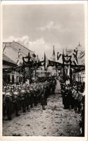 1938 Losonc, Lucenec; bevonulás, díszkapu "Éljen Nagy-Magyarország" felirattal / entry of the Hungarian troops, decorated gate, irredenta propaganda + "1938 Losonc visszatért" So. Stpl.