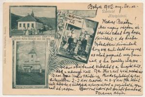 1902 Gyimesközéplok, Középlok, Lunca de Jos; Kegyelmes Majláth Gusztáv erdélyi püspök úr által felépítetett gyimes-középloki elemi népiskola, Mária Magdolna templom, csángó népviselet, erdélyi folklór. Adler Alfréd fényképész / elementary school, church, Transylvanian folklore. Art Nouveau, floral (EK)