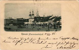 1898 (Vorläufer) Marosvásárhely, Targu Mures; Fő tér, üzletek, piac. Divald / main square, shops, market (EK)