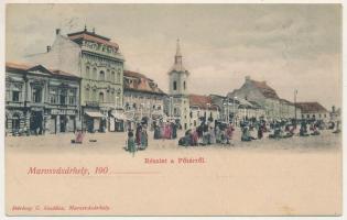 1903 Marosvásárhely, Targu Mures; Fő tér, piac, Petrás Géza, Hary Géza, Szalmásy Gyula, Muntyán Géza üzlete. Petróczy G. kiadása / main square, market, shops (fl)