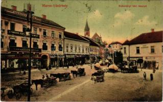 1912 Marosvásárhely, Targu Mures; Széchenyi tér, piac, Takarékpénztár, Fonciere Pesti Biztosító Intézet főügynöksége, Harmath Sándor, Buchel Lajos, Lang Béla (ezelőtt Tutsek István), Császár József, Csiky Emil, Junger Jakab üzlete. Révész Béla kiadása / square, market, savings bank, insurance company, shops (fl)