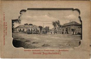 Nagyszalonta, Salonta; Ezredévi emlékkert, Vasút utca, Postahivatal. Fábián L. Dezső kiadása / Hungarian Millennium memorial garden, street view, post office (EK)