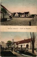 Szikra, Sikgraben, Sieggraben; Szent Kereszt templom, fahíd, Szentháromság-oszlop / Pfarrkirche, Dreifaltigkeitssäule / church, wooden bridge, Trinity statue (Rb)