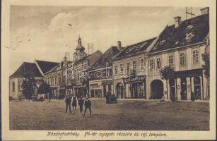 Kézdivásárhely main square with the shops of Lukács Fejér and Kelemen Kovács