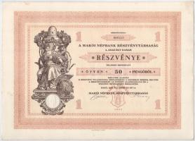 Makó 1929. "Makói Népbank Részvénytársaság" részvénye 50P-ről, szelvényekkel, szárazpecsét...