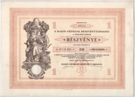 Makó 1929. "Makói Népbank Részvénytársaság" részvénye 50P-ről, szelvényekkel, szárazpecsét...