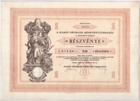 Makó 1929. "Makói Népbank Részvénytársaság" részvénye 50P-ről, szelvényekkel, szárazpecsét...