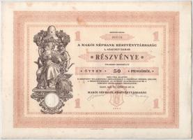Makó 1929. "Makói Népbank Részvénytársaság" részvénye 50P-ről, szelvényekkel, szárazpecsét...