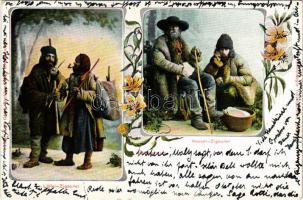 1906 Nagyszeben, Hermannstadt, Sibiu; Cigányok / Löffel-Zigeuner, Kessel-Zigeuner, Siebenbürger Volkstrachten No. Verlag Karl Graef / Gypsy folklore, Art Nouveau