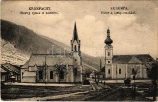 Korompa, Krompach, Krompachy; Fő tér és templomok / main square, churches (EK)