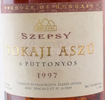 1997 Szepsy 6 puttonyos tokaji aszú, 3 bontatlan palack édes fehér desszertbor, 9%, 0,5l