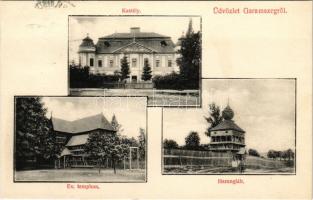 1908 Garamszeg, Garansek, Hronsek (Besztercebánya, Banská Bystrica); Soós-Géczy kastély, Evangélikus fatemplom, harangláb. Paulinyi Dániel kiadása / castle, Lutheran wooden church, belfry