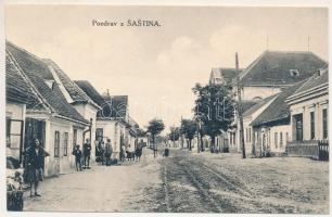 Sasvár, Sassin, Sastín (Sasvár-Morvaőr, Sastín-Stráze); utca, zsinagóga, üzletek. Móro Imrich kiadása / street view, synagogue, shops