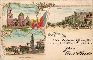 1899 (Vorläufer) Rostov-on-Don, cathedral, street view, monument. Art Nouveau, floral, litho with coat of arms and Russian flag (Rb)